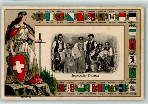 Prägedruck Appenzeller Trachtengruppe Helvetia Lithographie Wappen