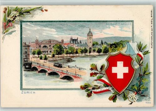 Zürich Prägedruck Bahnhof Brücke Wappen sign HF Lithographie