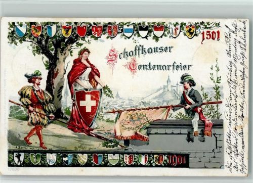 Schaffhausen Centenarfeier 1901 Fahne Wappen Helvetia sign. A. Ebner