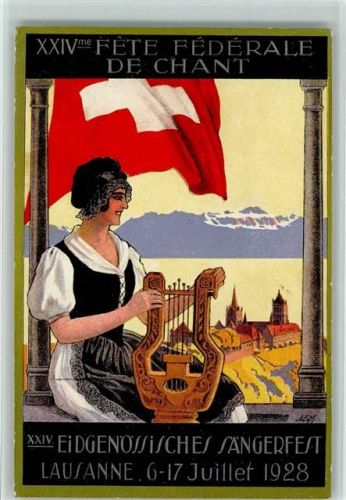 Lausanne Fahne Künstlerkarte Lyra Leier Litho