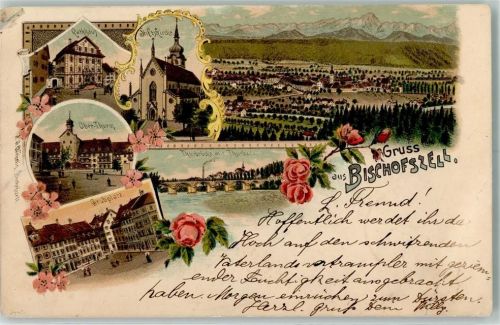 9220 Bischofszell 1902 Gebrauchsspuren Rathaus Stiftskirche Ober-Thurm Thurbrücke mit Thurbad Grubplatz Rosen Lithographie