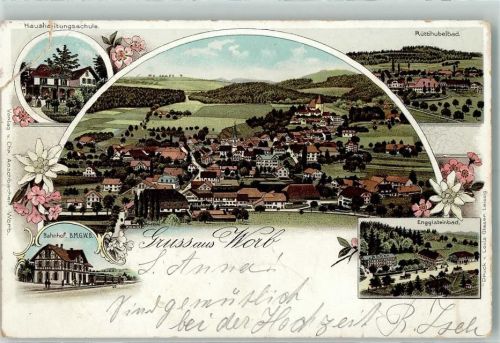 Worb 1902 Haushaltungsschule Rüttihubelbad Enggisteinbad Bahnhof Lithographie