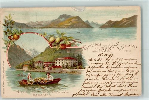 Paradiso 1897 Hotel Reichmann au Lac Paradiso Ruderboot Orangen Lithographie