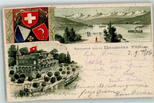 Zürich 1906 Gasthaus Kasino Zürichhorn K. Keller Wappen Lithographie