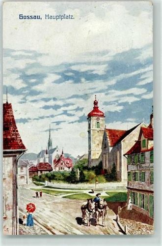 9200 Gossau SG Lithographie Hauptplatz Kutsche Kirche Turm Manufactur Pferde Frau Schirm Kins