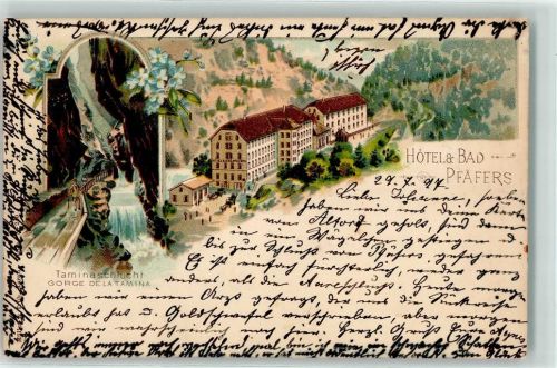 Taminaschlucht 1897 Lithographie Hotel Bad Pfäffers Blumen