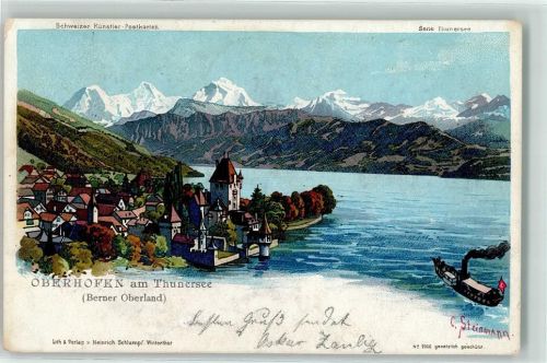 3653 Oberhofen am Thunersee 1902 Lithographie / Künstlerkarte Thunersee Turm Dampfer sign. C. Steinmann