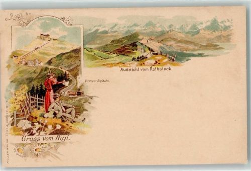 Rigibahn Lithographie Aussicht vom Rothstock Vilznau Rigibahn Eisenbahn Lok Dampf Frau Mann Bergbahn