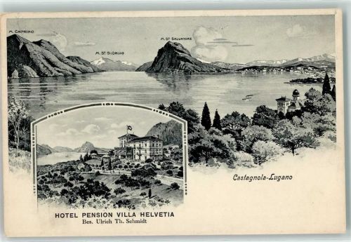 6906 Castagnola-Cassarate 1912 Lithographie Hotel Pension Villa Helvetia Lugano Dampfer