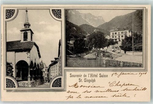 St-Gingolph 1901 Souvenier de l Hotel Suisse Kirche Ruderboot