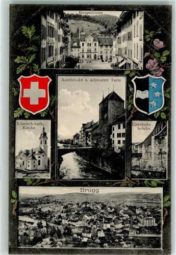 Brugg AG 1911 Aarebrücke u. schwarzer Turm Wappen Römisch. Kath. Kirche Eisenbahn Brücke