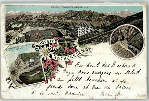 Rochers de Naye 1897 Lithographie Grand Hotel des Rochers de Naye et le Sommet Eisenbahn
