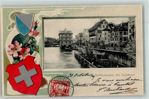 Zürich 1905 Rathausquai mit Rathaus Wappen