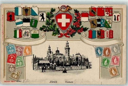 Zürich 1905 Tonhalle Wappen Horn Briefmarken Collage