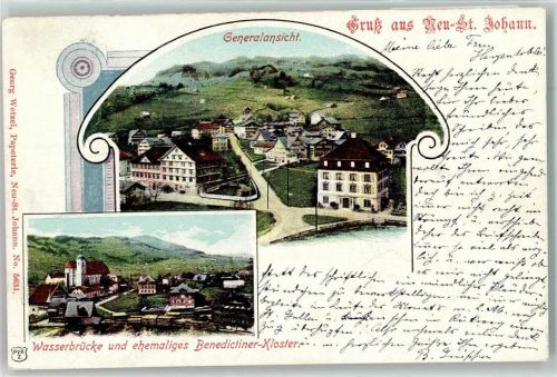 9652 Neu St. Johann 1900 Lithographie Wasserbrücke und ehemaliges Benediktiner Kloster