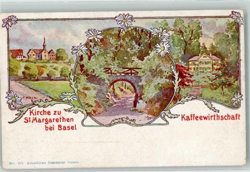 4102 Binningen Künstlerkarte Kirche St. Margarethen Kaffeegasthaus sign. F. Mock
