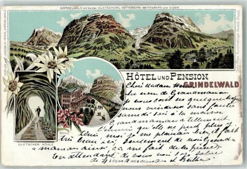 Oberwald 1900 Hotel Pension Grindelwald Gletscher Höhle Lithographie