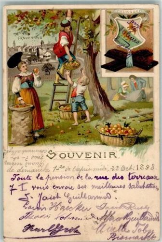 8500 Frauenfeld 1898 Gebrauchsspuren Apfelernte Trachten Wappen Lithographie