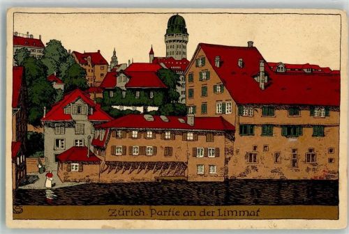 8000 Zürich 1919 Gebrauchsspuren An der Limmat Künstlersteinzeichnung