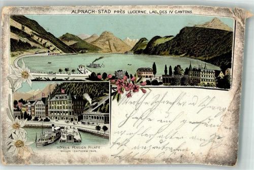 Alpnachstad 1899 Hotel Pension Pilate Müller-Britschgy Raddampfer See Lithographie