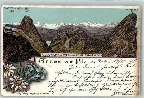 Pilatus 1898 Weg auf deas Tomlishorn Edelweiß Enzian 3 zeiliger Balkenstempel Verlag Schlumpf Nr 87