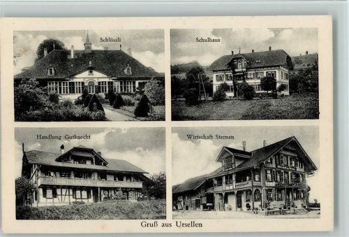 Ursellen 1912 Schlössli, Schulhaus, Handlung Gutknecht, Wirtschaft Sternen AK