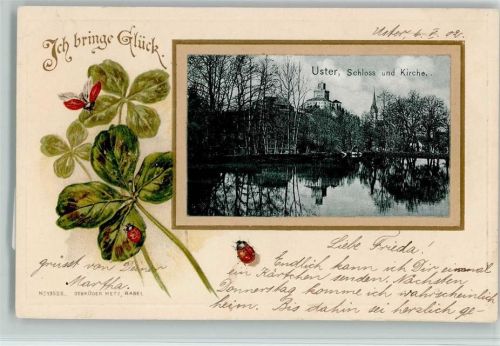 Uster 1902 Passepartout Marienkäfer Vierblättriger Klee Schloss Kirche