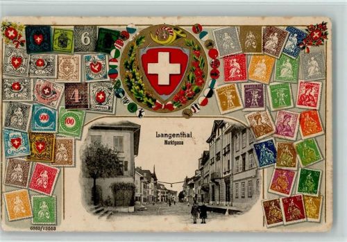 Langenthal Lithographie / Prägedruck Briefmarkenabbildungen Marktgasse