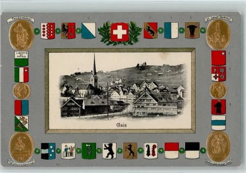 Gais 1910 Lithographie / Prägedruck Wappen Telldenkmal Winkelrieddenkmal St. Jakob-Denkmal Nationaldenkmal in Genf