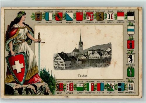 Teufen AR Lithographie / Prägedruck Helvetia Wappen
