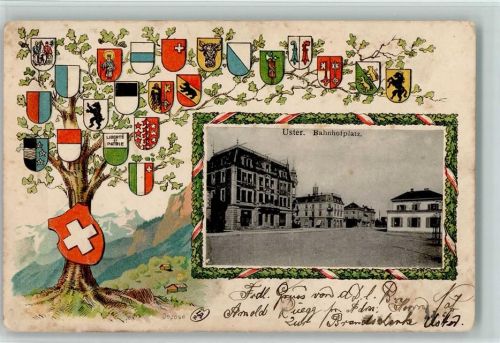 Uster 1910 Lithographie / Prägedruck Wappen Bahnhofplatz