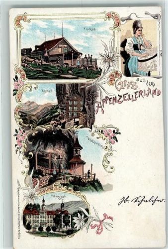 Weissbad Ebenalp Tracht Sticken Escher Wildkirchlein Lithographie