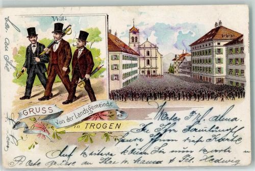 Trogen 1898 Landsgemeine Schwerter Zylinder Versammlung Lithographie