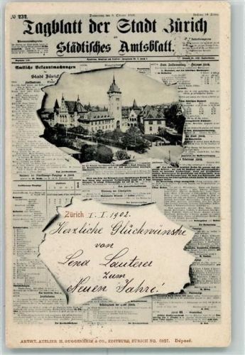 Zürich 1902 Durchbrochene Papierwand Zeitung städt. Amtsblatt Verlag Guggenheim 6027 AK