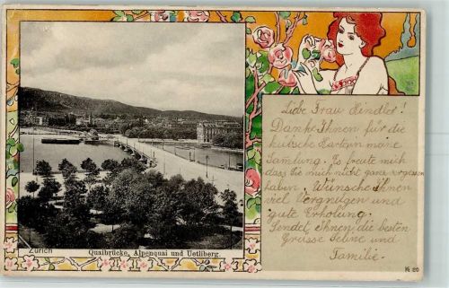 Zürich 1902 Quaibrücke Alpenquai und Uetliberg Passepartout Frau Rosen