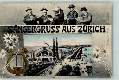Zürich 1905 Sängergruss Dirigent Sänger Lyra Edelweiss Eidg. Sängerfest-Stempel