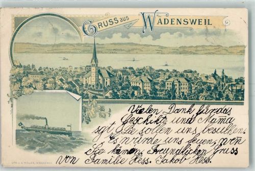Wädenswil 1897 Dampfer Lithographie