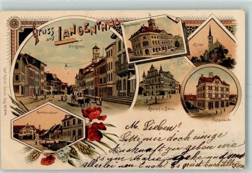 Langenthal Dorfgasse Gemeindehaus Kirche Gasthaus Zum Bären Postgebäude Amtshausgasse Klatschmohn Lithographie