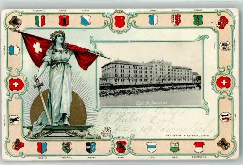 Zürich 1904 Helvetia Wappen Kaserne Sonnenaufgang Passepartout Lithographie