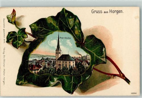 Horgen Prot. Kirche Efeublatt Lithographie