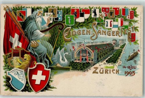 Zürich 1905 Eidgen. Sängerfest Schwan Harfe Fahne Wappen Lithographie