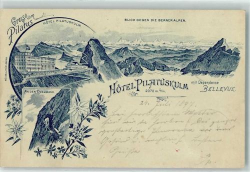 Kriens 1897 Blick gegen die Berneralpen Hotel Pilatus Kulm mit Dependance Bellevue an der Eselwand Eisenbahn