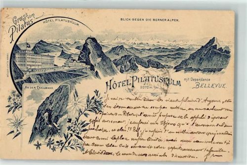 Kriens 1898 Blick gegen die Berneralpen Hotel Pilatus Kulm mit Dependance Bellevue an der Eselwand Eisenbahn