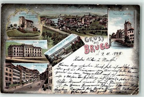 Brugg AG 1898 Habsburg Turm mit Aarebrücke Genie Kaserne Hauptstraße Eisenbahnbrücke Lithographie
