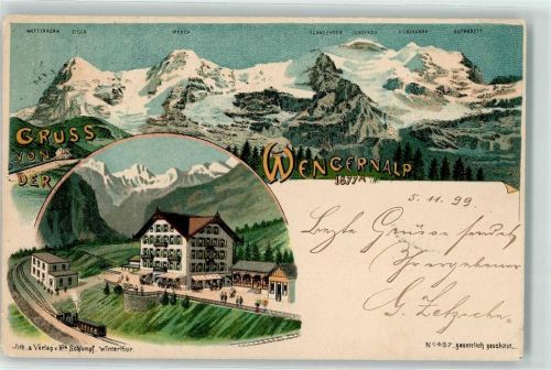 Kleine Scheidegg 1899 Eisenbahn Wetterhorn Eiger Mönch Schneehorn Jungfrau Wengernalp Lithographie