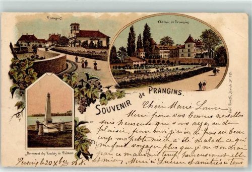 Prangins 1904 Chateau de Pranging Monument des Vaudois du Piemont Lithographie Carl Künzli Zürich Dep. No. 293