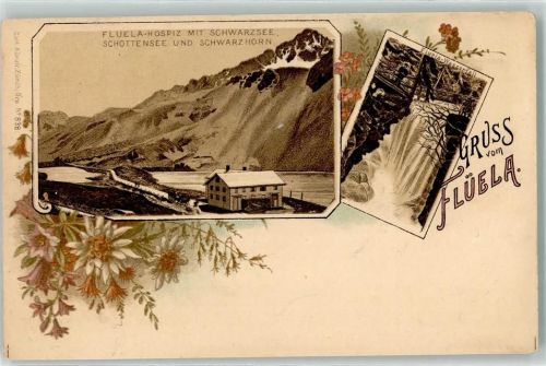 Zernez Fluela Hospiz mit Schwarzsee Schottensee und Schwarzhorn Fluela Wasserfall Carl Künzli Zürich Dep. No. 838