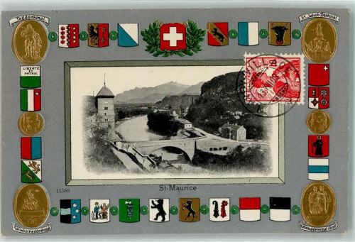St-Maurice 1909 Turm Brücke Telldenkmal St. Jakondenkmal Nationaldenkmal Genf Winkelrieddenkmal Wappen Münze Gold