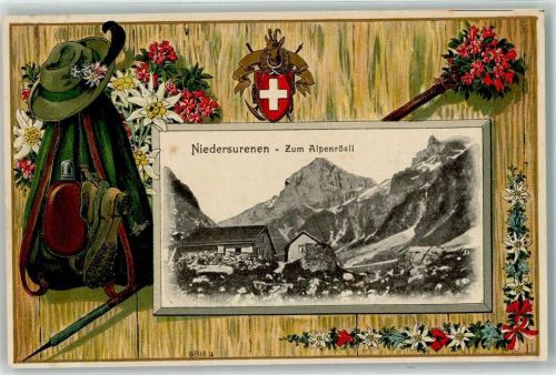 Niederurnen Gasthaus zum Alpenrösli Wappen Blumen Wanderer Hut Stock Flasche Stock Rucksack