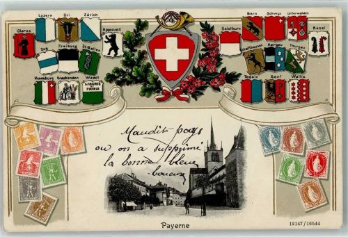 Payerne 1910 Wappen Eichenblatt Horn Schleife Kranz Blumen Briefmarkenabbildungen Kirche